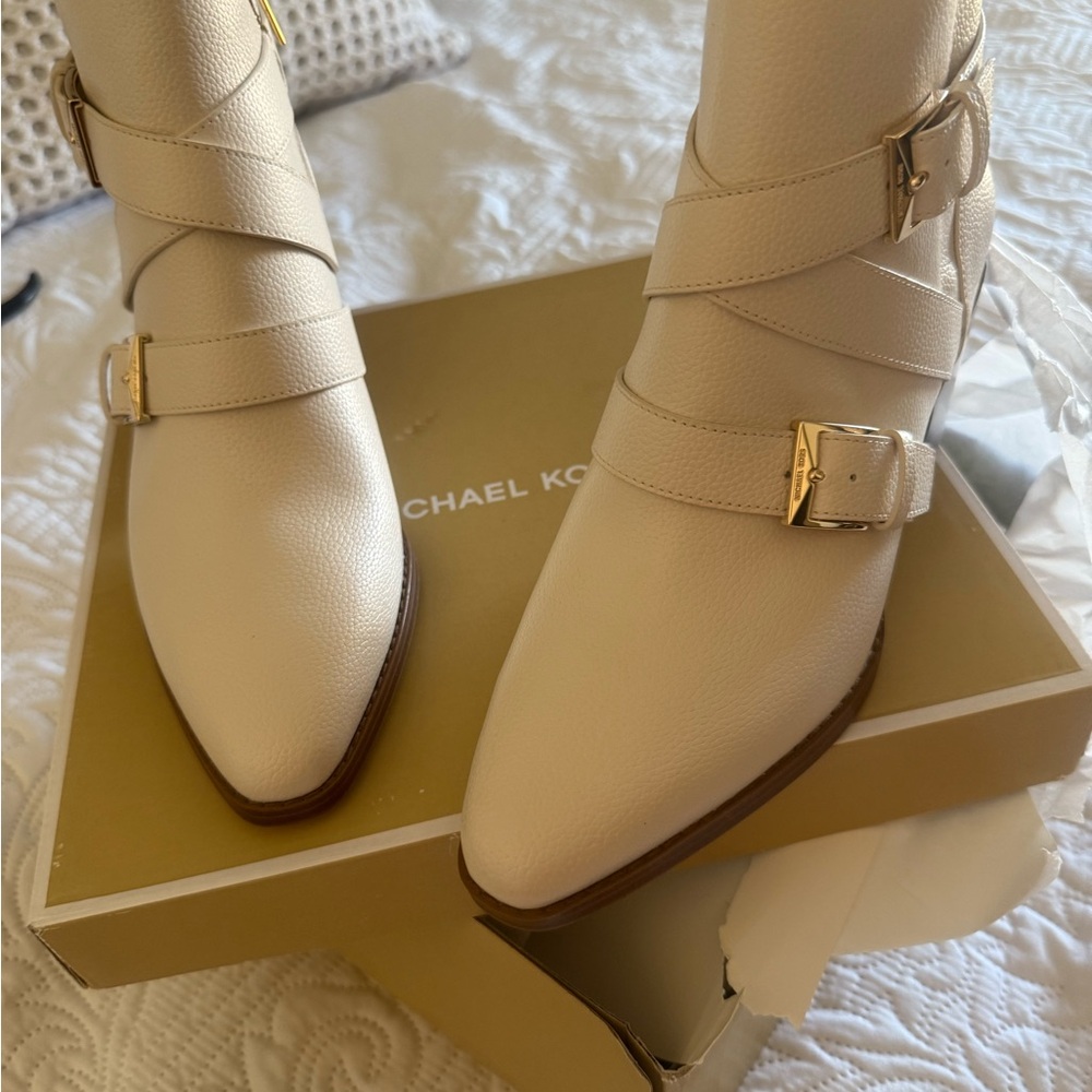 Michael Kors Cream Ankle Booties with Gold Buckles